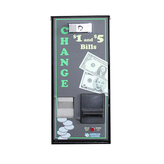 Coin-operated machine for changing $1 and $5 bills on a white background