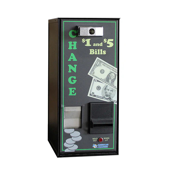 Coin-operated machine for changing $1 and $5 bills on a white background