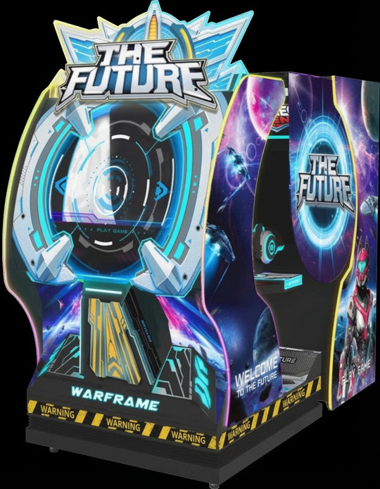 Arcade machine with 'The Future' branding and 'Warframe' text on a black background
