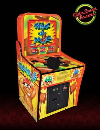Colorful arcade machine with 'Whac-A-Mole' branding on a dark background