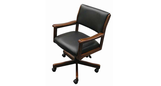 Black office chair with wooden armrests on a white background