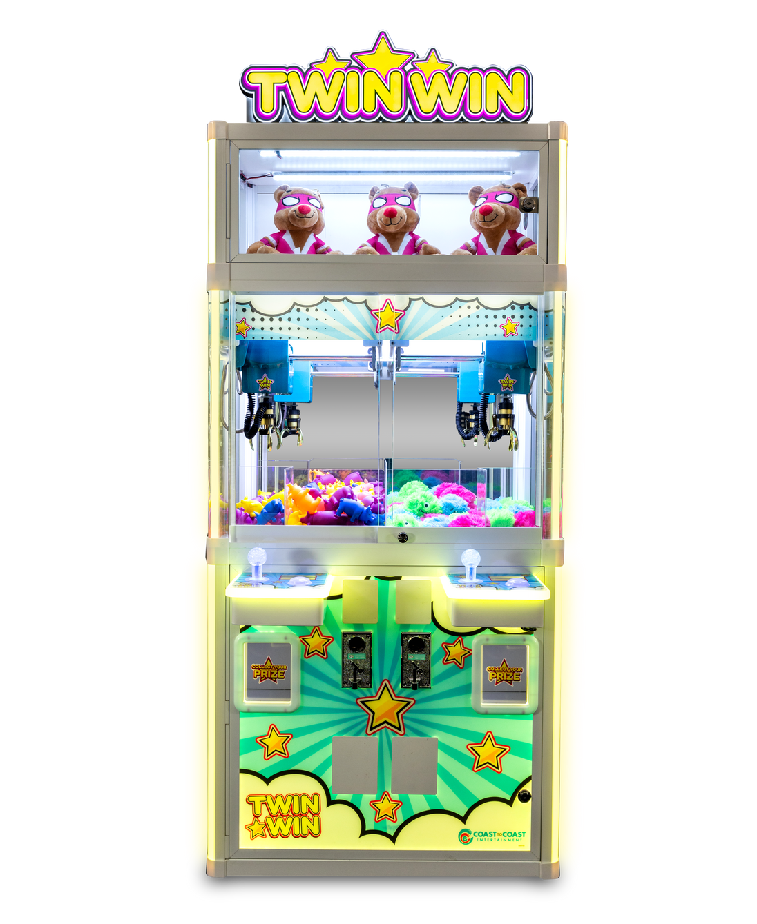 Toy claw machine with 'Twin Win' branding on a white background