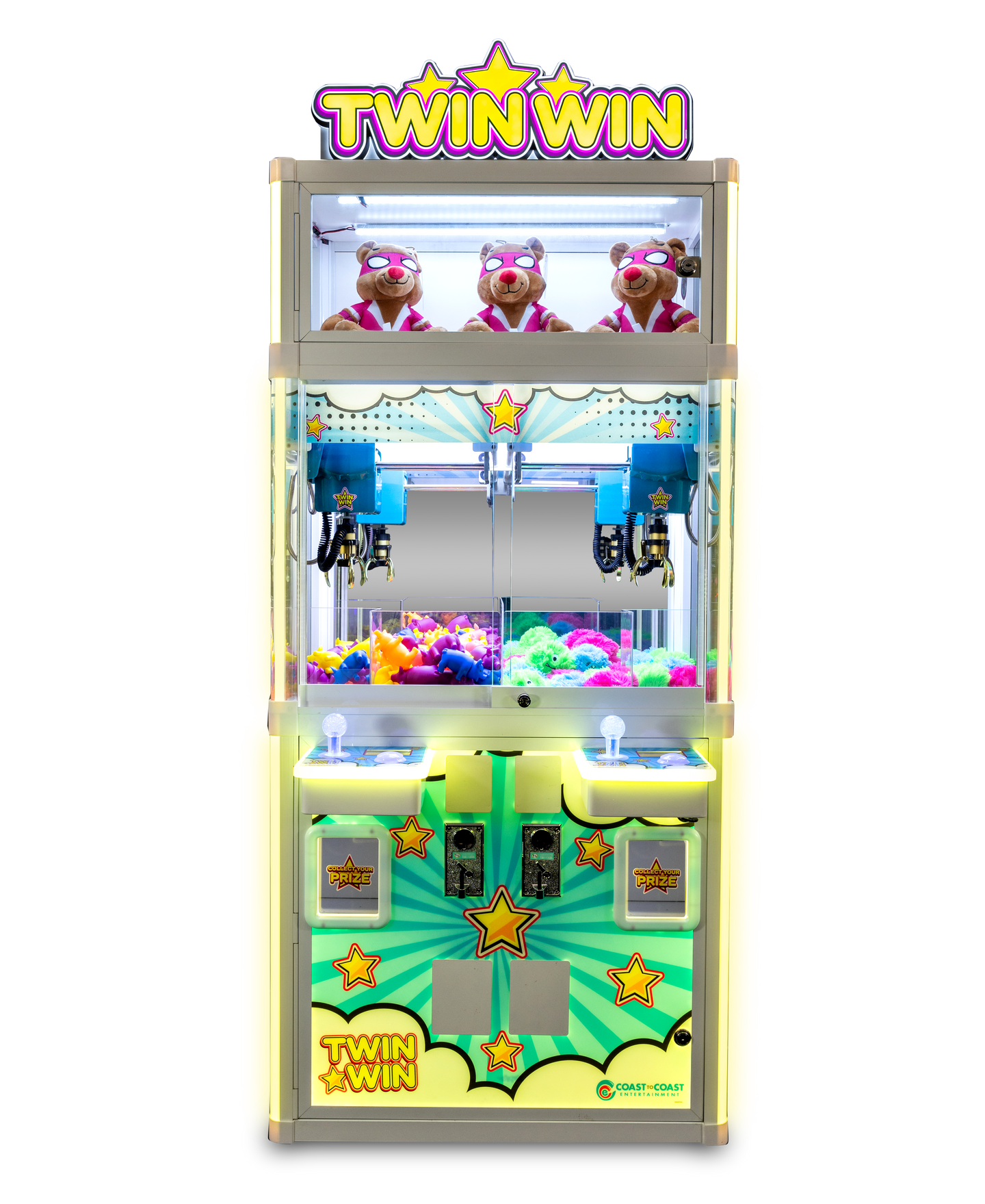Toy claw machine with 'Twin Win' branding on a white background