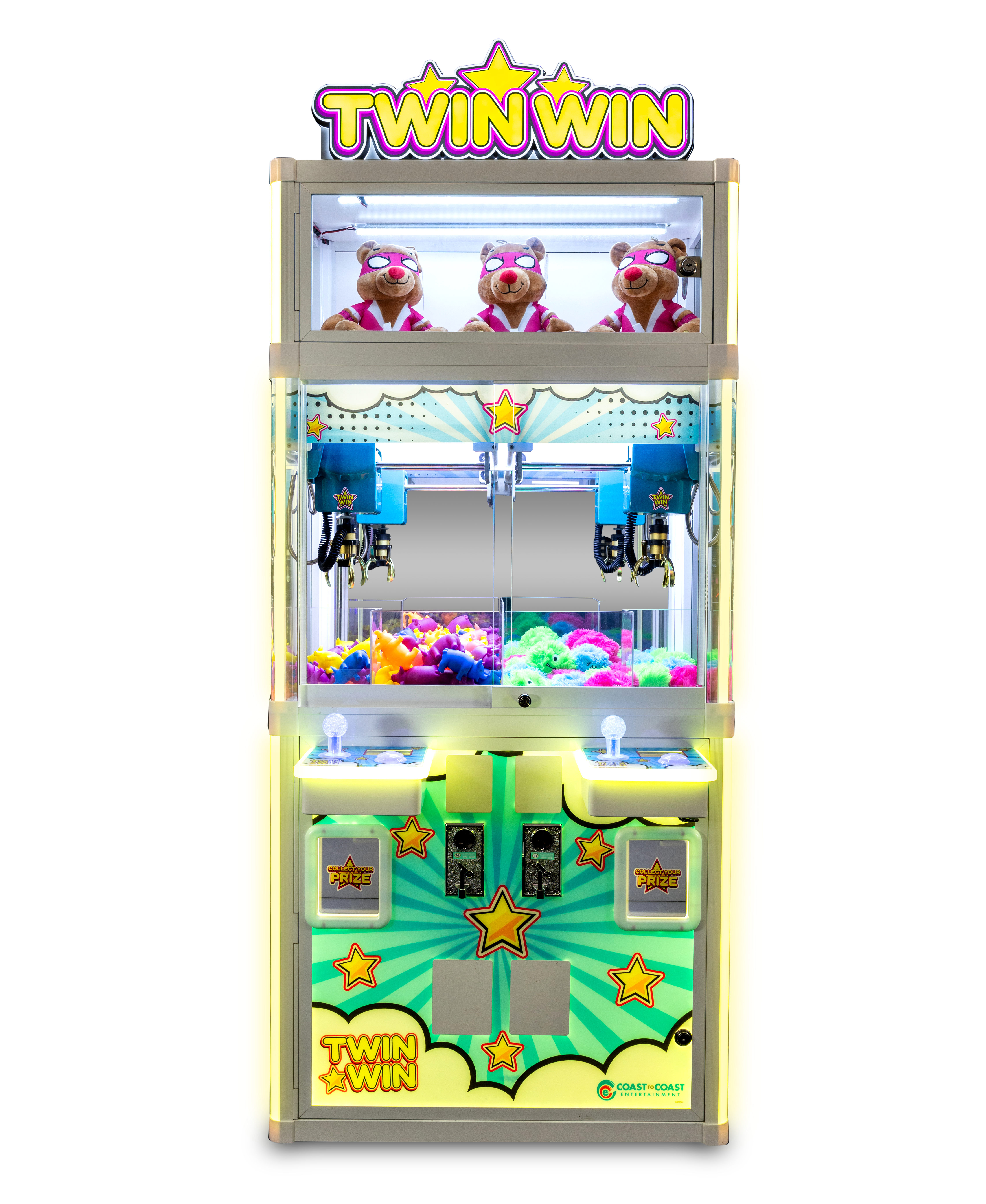 Toy claw machine with 'Twin Win' branding on a white background