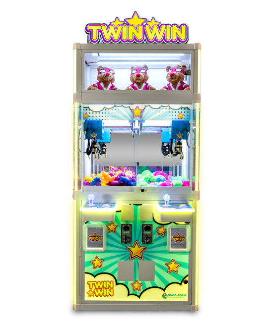Toy claw machine with 'Twin Win' branding on a white background