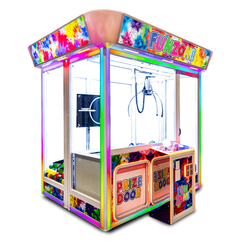 Colorful claw crane arcade game with 'Funzone' branding on a white background