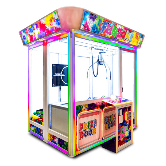 Colorful claw crane arcade game with 'Funzone' branding on a white background