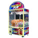 A multicolored arcade claw machine with 'Double Play' text on top, featuring a glass enclosure and an array of prizes inside.