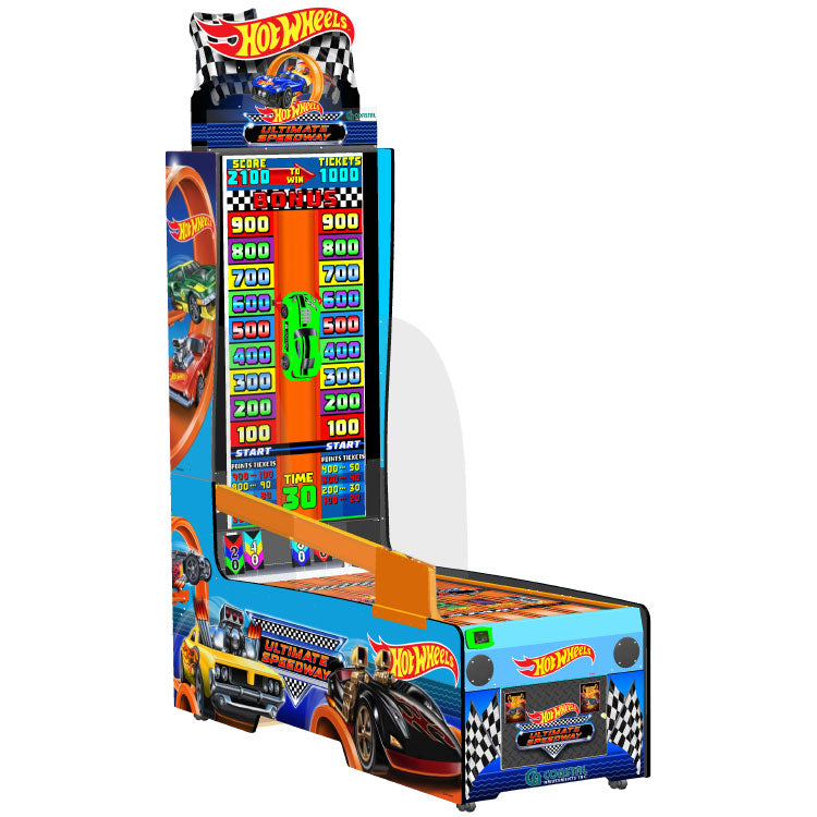 Hot Wheels arcade game with colorful design and vibrant graphics on a white background