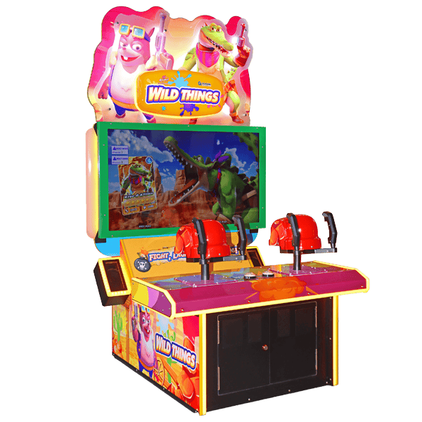Arcade cabinet for the Wild Things Laser Shooter game featuring colorful animal characters on the marquee and graphics on the screen.