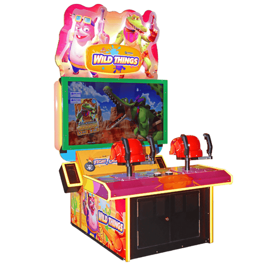Arcade cabinet for the Wild Things Laser Shooter game featuring colorful animal characters on the marquee and graphics on the screen.