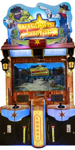Arcade game machine for Coastal Amusements Wild West Shootout with a western themed design, colorful lights, and targets.