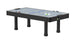 Air hockey table with two red and two white pucks on a white background