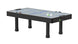 Air hockey table with two red and two white pucks on a white background