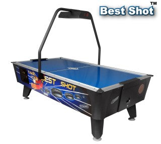 Full-sized Valley-Dynamo Best Shot Air Hockey table with blue playing surface and black details, featuring a goal at one end and a blower at the other.
