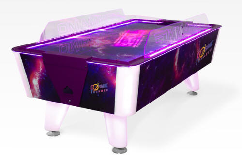 A Valley-Dynamo Cosmic Thunder commercial air hockey table featuring multicolor LED lights and branding on the sides.