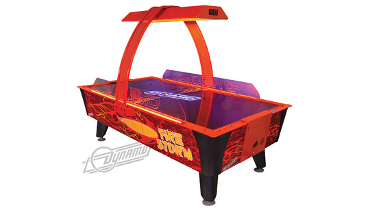 Red and black air hockey table with 'Fire Storm' branding on a white background