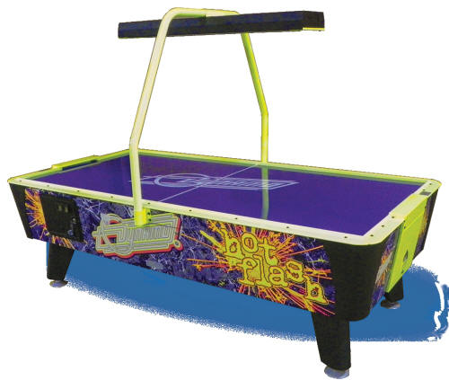 Commercial air hockey table with black light graphics and an overhead LED scoring display, featuring a green and purple color scheme with a yellow overhead bar.