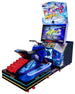 Arcade game machine with motorcycle and colorful display on a white background