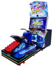 Arcade game machine with motorcycle and colorful display on a white background