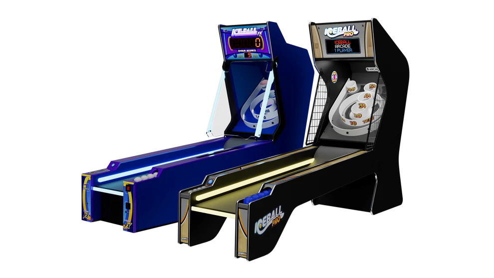 An arcade-style Ice Ball Pro alley roller machine with blue and black color scheme, featuring multicolor LED lighting and designed for multiple players.