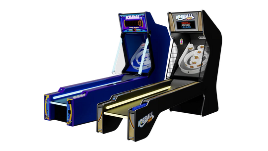 An arcade-style Ice Ball Pro alley roller machine with blue and black color scheme, featuring multicolor LED lighting and designed for multiple players.