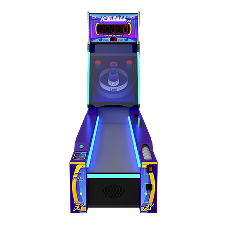 An arcade game cabinet for ICE Iceball FX featuring a blue and purple color scheme with synchronized LED lighting, a digital score display, and an alley-shaped playing area.
