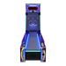 An arcade game cabinet for ICE Iceball FX featuring a blue and purple color scheme with synchronized LED lighting, a digital score display, and an alley-shaped playing area.