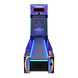 An arcade game cabinet for ICE Iceball FX featuring a blue and purple color scheme with synchronized LED lighting, a digital score display, and an alley-shaped playing area.