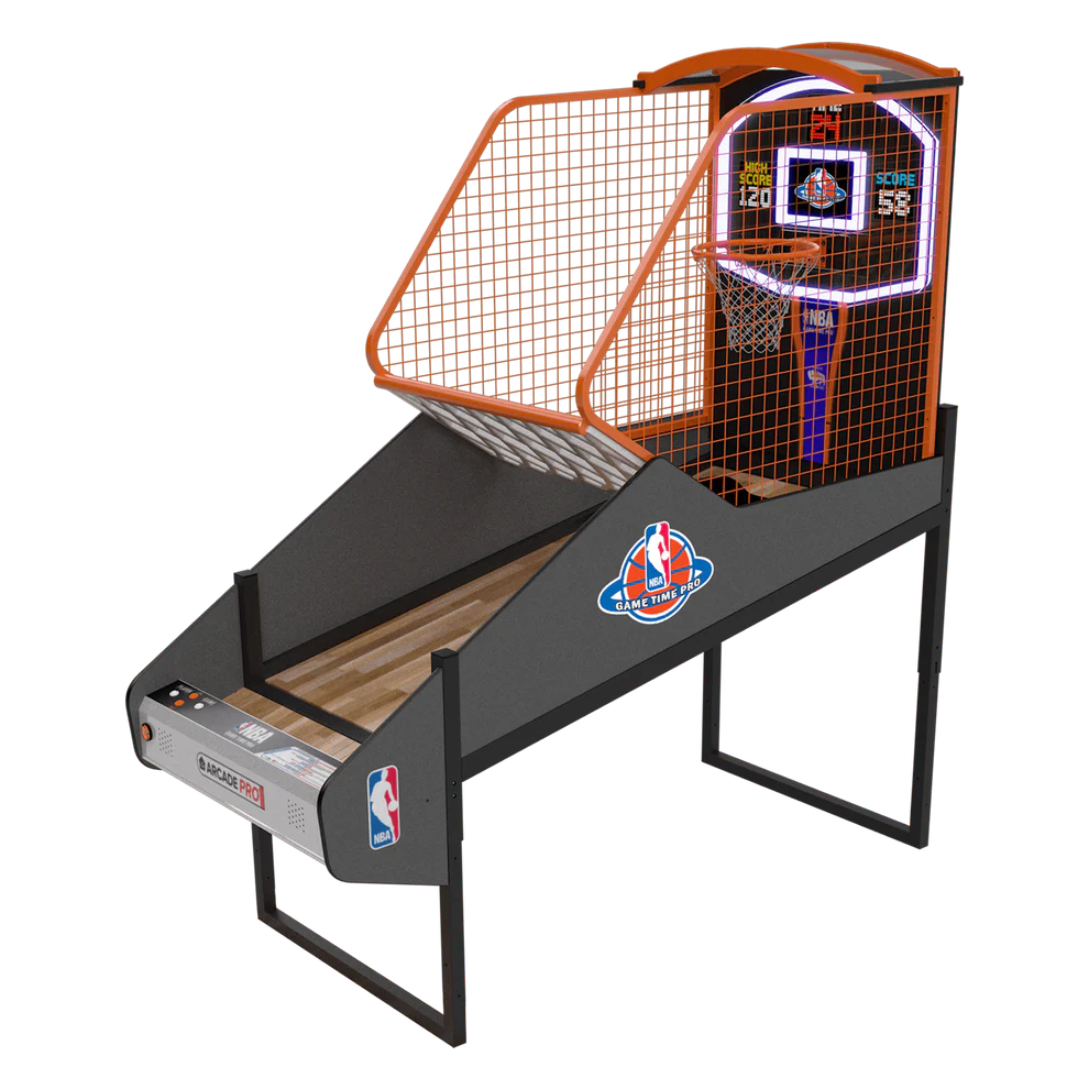 An arcade basketball game with a black body and orange hoop, featuring an NBA logo and a digital score display.