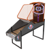 An arcade basketball game with a black body and orange hoop, featuring an NBA logo and a digital score display.