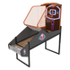 An arcade basketball game with a black body and orange hoop, featuring an NBA logo and a digital score display.