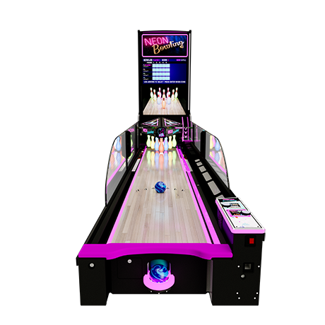 An arcade version of bowling game with neon lights and a large screen monitor.