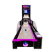 An arcade version of bowling game with neon lights and a large screen monitor.
