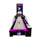 An arcade version of bowling game with neon lights and a large screen monitor.