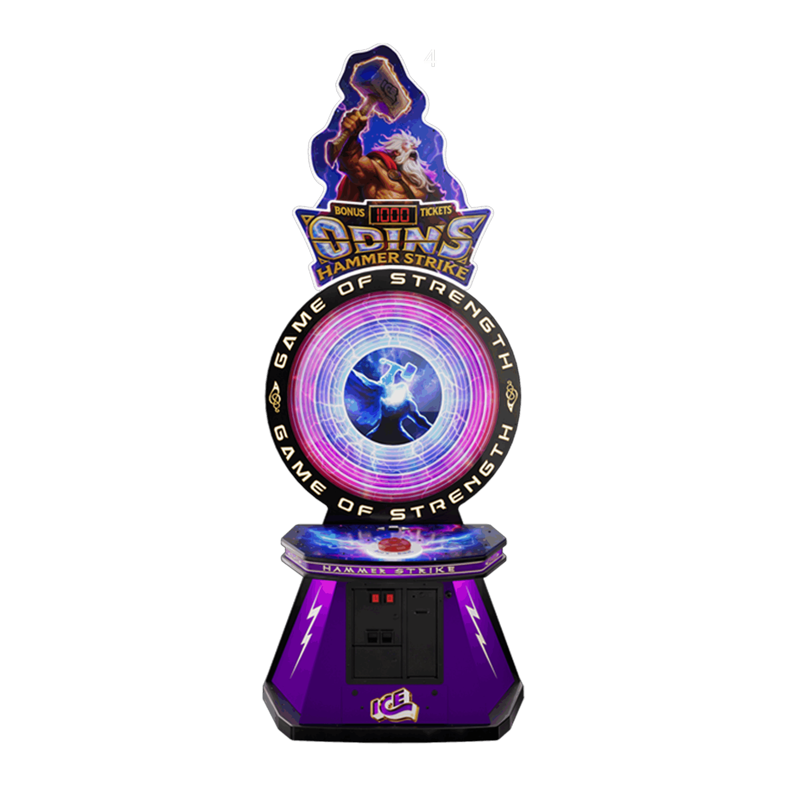 Arcade game machine with colorful display and branding on a white background