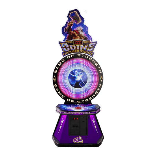 Arcade game machine with colorful display and branding on a white background