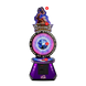 Purple arcade machine with digital display and character illustration on a white background