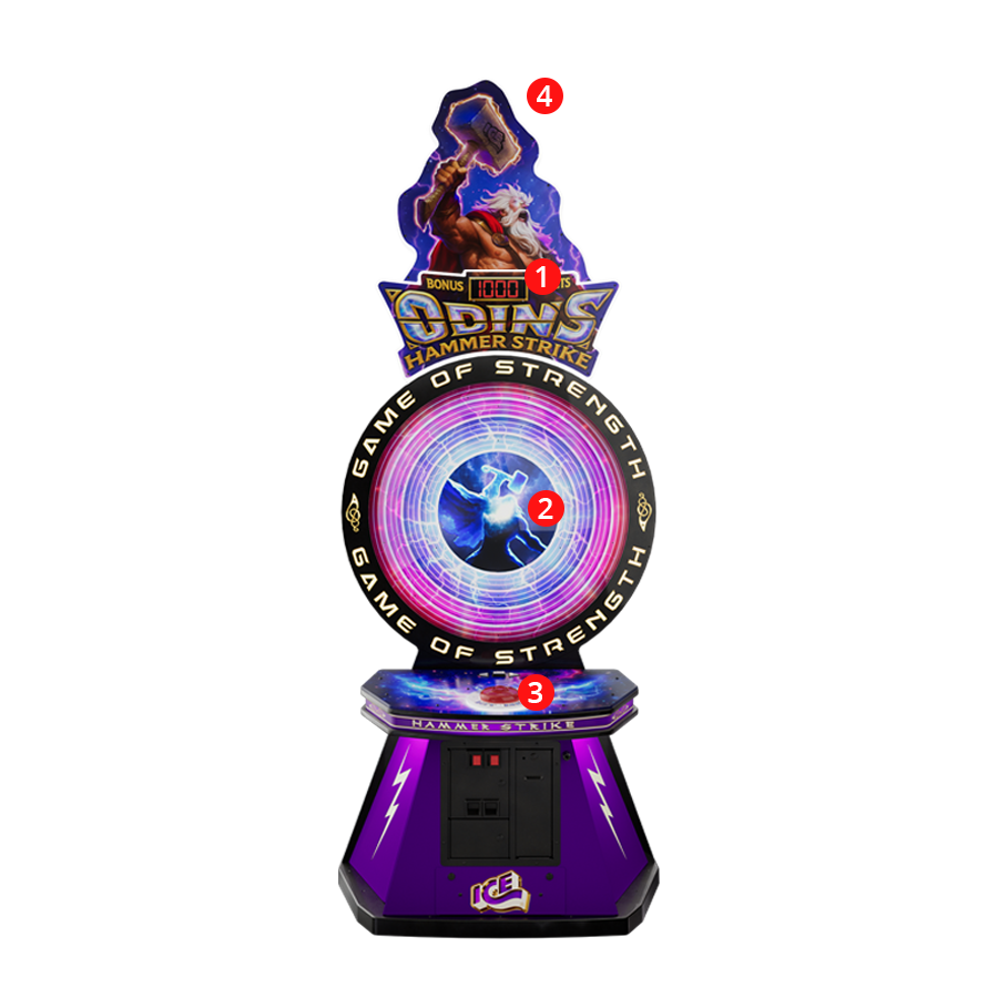 Purple arcade machine with digital display and character illustration on a white background