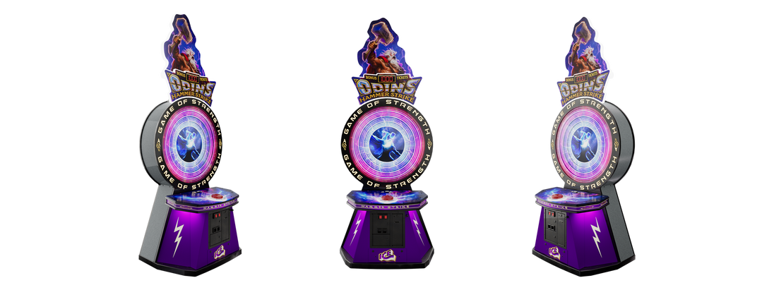 Three identical arcade machines with a colorful design on a white background