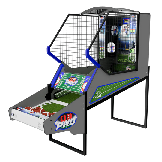 An arcade version of a home football game machine with targets and a football theme, labeled 'ICE PRO QB'.