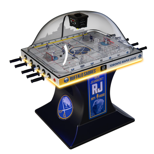 A Super Chexx Pro Bubble Hockey table with custom graphics featuring the Buffalo Sabres and a dome cover, indicating it's a limited edition unit.