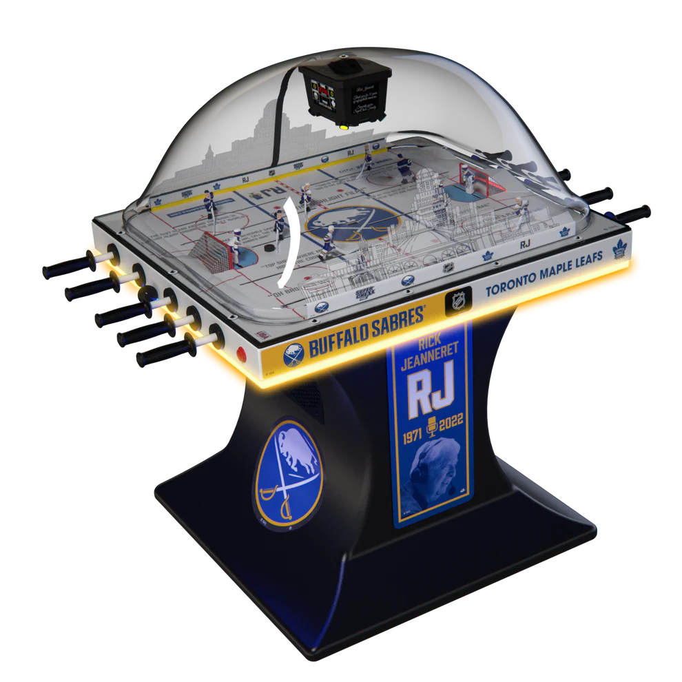 A Super Chexx Pro Bubble Hockey table with custom graphics featuring the Buffalo Sabres and a dome cover, indicating it's a limited edition unit.