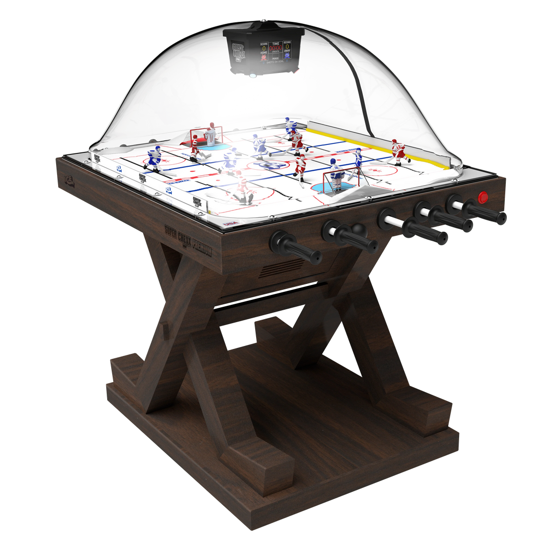 A wooden ICE Super Chexx Premium Bubble Hockey table with a clear dome cover, featuring miniature hockey players and a scoring mechanism.