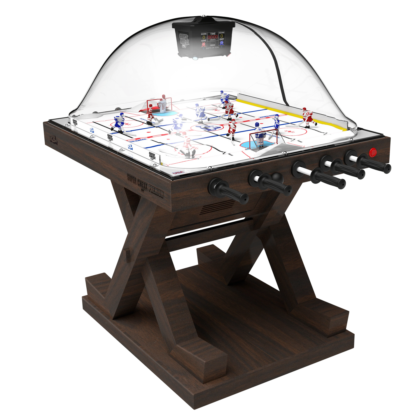 A wooden ICE Super Chexx Premium Bubble Hockey table with a clear dome cover, featuring miniature hockey players and a scoring mechanism.
