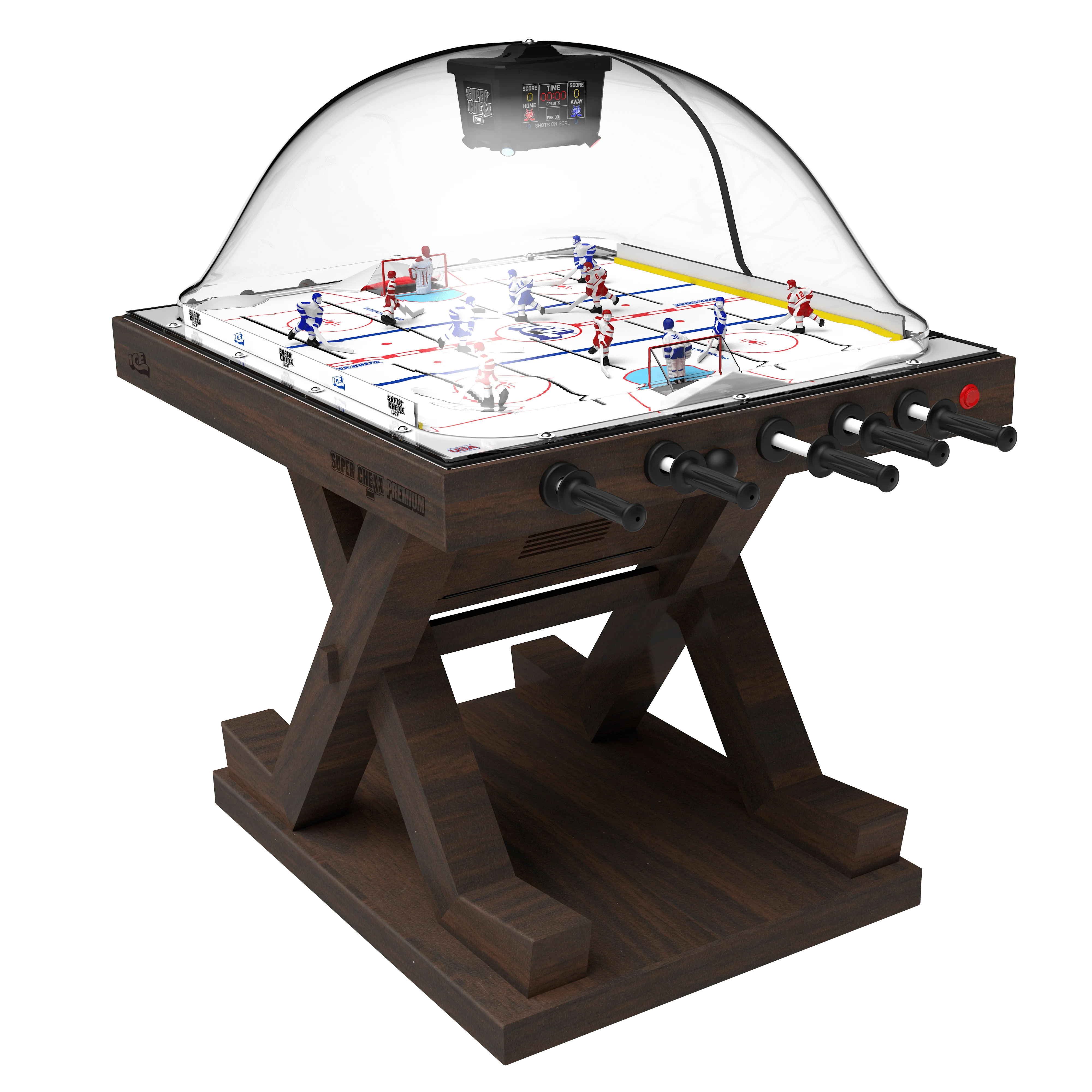 A wooden ICE Super Chexx Premium Bubble Hockey table with a clear dome cover, featuring miniature hockey players and a scoring mechanism.