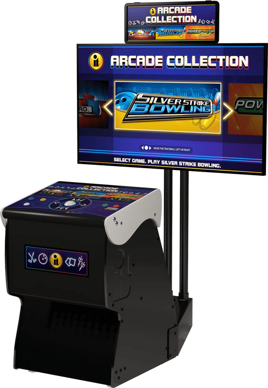 Arcade machine with a screen displaying 'Silver Strike Bowling' game.
