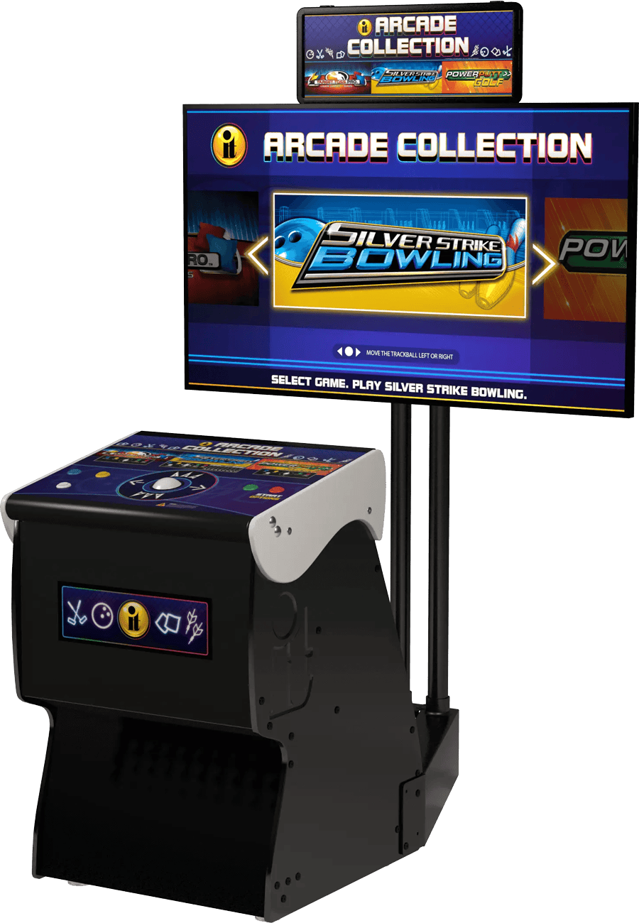 Arcade machine with a screen displaying 'Silver Strike Bowling' game.