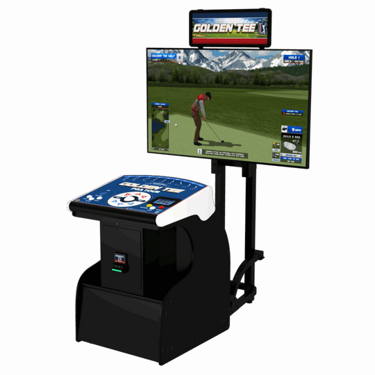 Golf simulation arcade machine with screen displaying 'Golden Tee' game on a white background