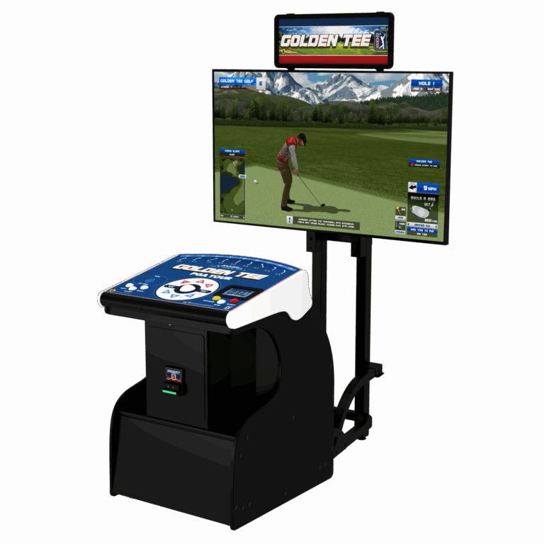 Golf simulation arcade machine with screen displaying 'Golden Tee' game on a white background